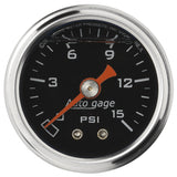 GAUGE; PRESSURE; 1.5in. DIRECT MNT; 15PSI; LIQUID FILLED MECH; BLK; 1/8in. NPTF