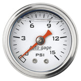 GAUGE; PRESSURE; 1.5in. DIRECT MNT; 15PSI; LIQUID FILLED MECH; WHT; 1/8in. NPTF