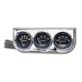 GAUGE CONSOLE; OILP/WTMP/VOLT; 2in.; 100PSI/280deg.F/16V; BLK DIAL; CHROME BZL;