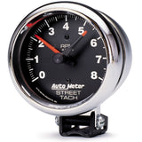 GAUGE; TACHOMETER; 3 3/4in.; 8K RPM; PEDESTAL W/RED LINE; TRADITIONAL CHROME