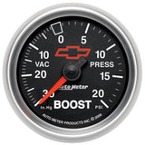 GAUGE; VAC/BOOST; 2 1/16in.; 30INHG-20PSI; MECHANICAL; CHEVY RED BOWTIE; BLACK