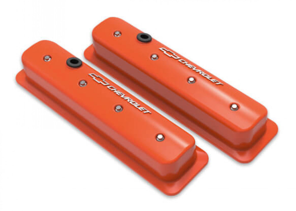 Holley GM Licensed Valve Cover - Muscle Series - SBC - Center Bolt - Factory Orange Machined