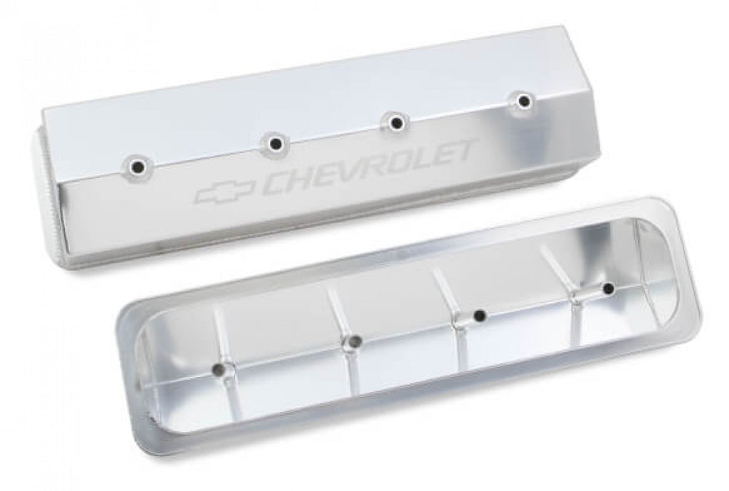 Holley GM Licensed Valve Cover - Track Series - SBC - Fabricated Aluminum - Center Bolt - Silver