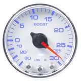 GAUGE; VAC/BOOST; 2 1/16in.; 30INHG-30PSI; STEPPER MTR W/PK/WRN; WHT/CHRME; SPEK