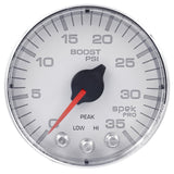 GAUGE; BOOST; 2 1/16in.; 35PSI; STEPPER MOTOR W/PEAK/WARN; WHT/CHROME; SPEK-PRO