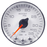 GAUGE; BOOST; 2 1/16in.; 35PSI; STEPPER MOTOR W/PEAK/WARN; WHT/CHROME; SPEK-PRO