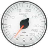 GAUGE; BOOST; 2 1/16in.; 35PSI; STEPPER MOTOR W/PEAK/WARN; WHITE/BLACK; SPEK-PRO