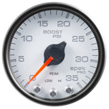 GAUGE; BOOST; 2 1/16in.; 35PSI; STEPPER MOTOR W/PEAK/WARN; WHITE/BLACK; SPEK-PRO