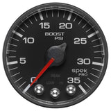 GAUGE; BOOST; 2 1/16in.; 35PSI; STEPPER MOTOR W/PEAK/WARN; BLACK/BLACK; SPEK-PRO