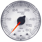 GAUGE; BOOST; 2 1/16in.; 60PSI; STEPPER MOTOR W/PEAK/WARN; WHT/CHRM; SPEK-PRO