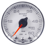 GAUGE; BOOST; 2 1/16in.; 60PSI; STEPPER MOTOR W/PEAK/WARN; WHT/CHRM; SPEK-PRO