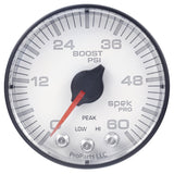 GAUGE; BOOST; 2 1/16in.; 60PSI; STEPPER MOTOR W/PEAK/WARN; WHT/BLK; SPEK-PRO