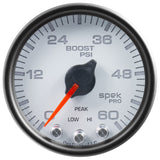 GAUGE; BOOST; 2 1/16in.; 60PSI; STEPPER MOTOR W/PEAK/WARN; WHT/BLK; SPEK-PRO