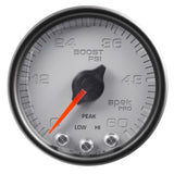 GAUGE; BOOST; 2 1/16in.; 60PSI; STEPPER MOTOR W/PEAK/WARN; SLVR/BLK; SPEK-PRO