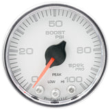 GAUGE; BOOST; 2 1/16in.; 100PSI; STEPPER MOTOR W/PEAK/WARN; WHT/CHRM; SPEK-PRO