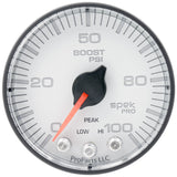 GAUGE; BOOST; 2 1/16in.; 100PSI; STEPPER MOTOR W/PEAK/WARN; WHT/BLK; SPEK-PRO