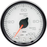 GAUGE; BOOST; 2 1/16in.; 100PSI; STEPPER MOTOR W/PEAK/WARN; WHT/BLK; SPEK-PRO