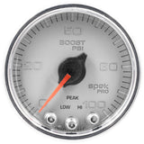 GAUGE; BOOST; 2 1/16in.; 100PSI; STEPPER MOTOR W/PEAK/WARN; SLVR/CHRM; SPEK-PRO