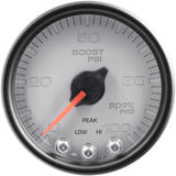 GAUGE; BOOST; 2 1/16in.; 100PSI; STEPPER MOTOR W/PEAK/WARN; SLVR/BLK; SPEK-PRO