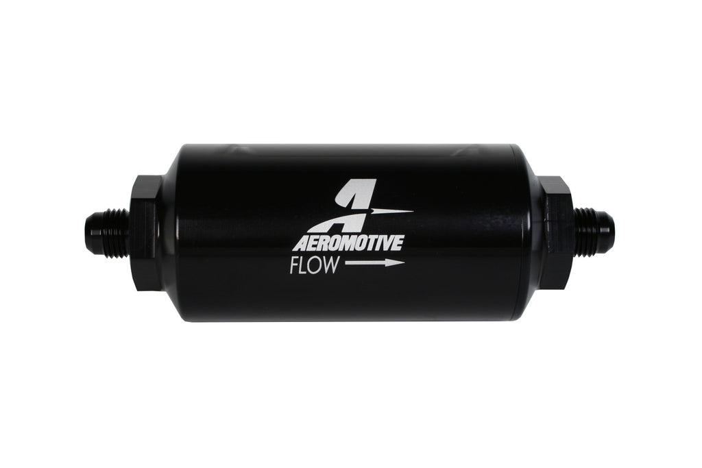 Aeromotive Filter, In-Line, 100-m Stainless Mesh Element, AN-06 Male, Bright-Dip Black, 2" OD