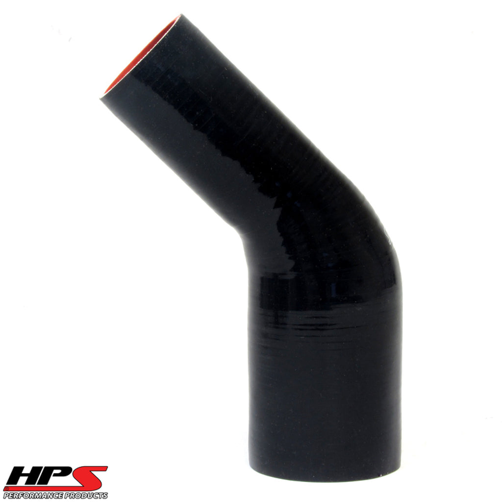 HPS 2.5" - 3" ID High Temp 4-ply Reinforced Silicone 45 Degree Elbow Reducer Hose Black (63mm - 76mm ID)