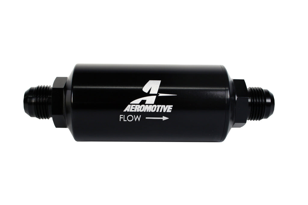 Aeromotive Filter, In-Line, 40-m Stainless Mesh Element, AN-10 Male, Bright-Dip Black, 2" OD