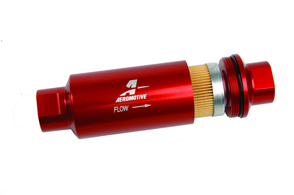 Aeromotive Filter, In-Line, 10-m Fabric Element, ORB-10 Port, Bright-Dip Red, 2" OD
